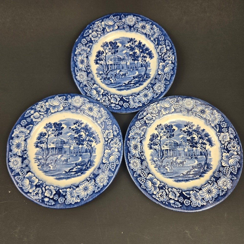 Liberty Blue Monticello Staffordshire Ironstone 6 Inch Plates Set of 3 England